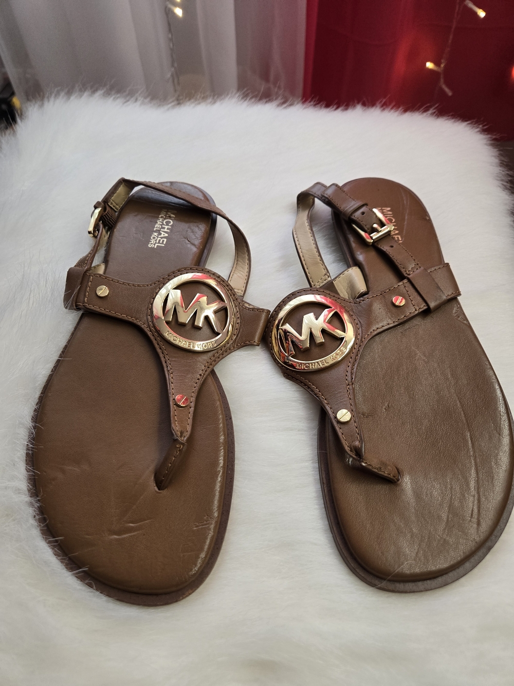 Michael Kors Brown Leather Logo Thong Sandals with Gold MK Medallions
